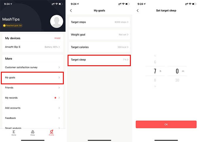 Set-Target-Sleep-Goals-on-Amazfit-Bip كيفية إعداد Amazfit Bip Sleep Tracking لضمان عادات نوم أفضل