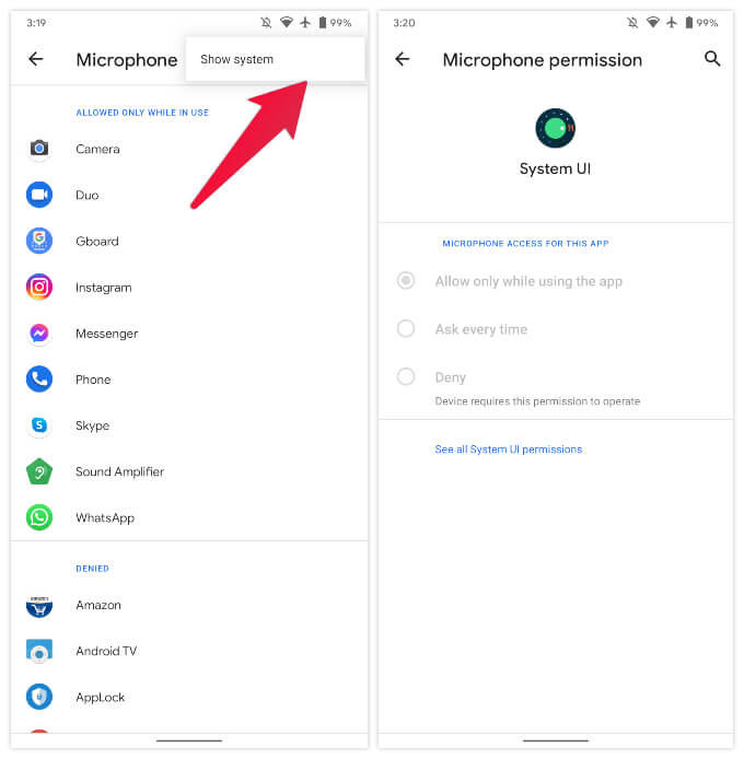 System-app-permission-manager-Android ابحث عن تطبيقات Android التي يمكنها الوصول إلى الميكروفون والكاميرا والتحكم فيها