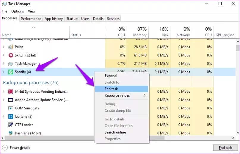 end-task-on-windows_4d470f76dc99e18ad75087b1b8410ea9 أفضل 7 طرق لإصلاح عدم استجابة Spotify على Windows و Mac