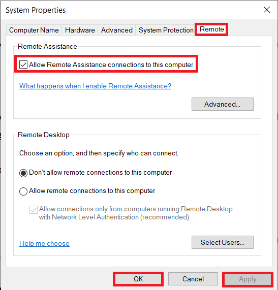 Allow-Remote-Assistance-connections-to-this-computer إصلاح عدم اتصال سطح المكتب البعيد في Windows 10