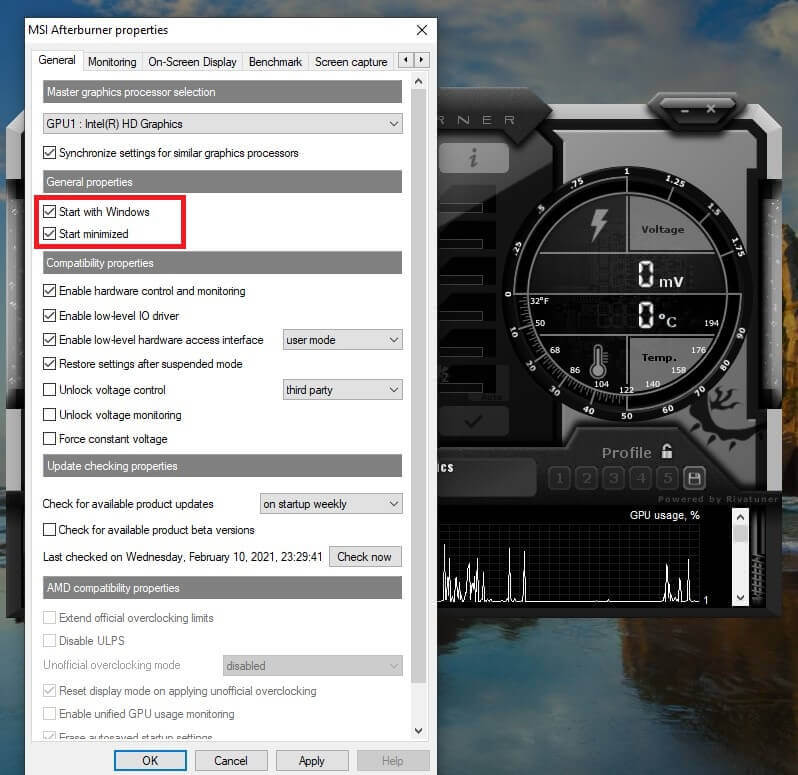 Check-the-options-‘Start-with-Windows-and-‘Start-minimized-below-the-GPU-name كيفية إظهار درجة حرارة وحدة المعالجة المركزية ووحدة معالجة الرسومات على شريط المهام