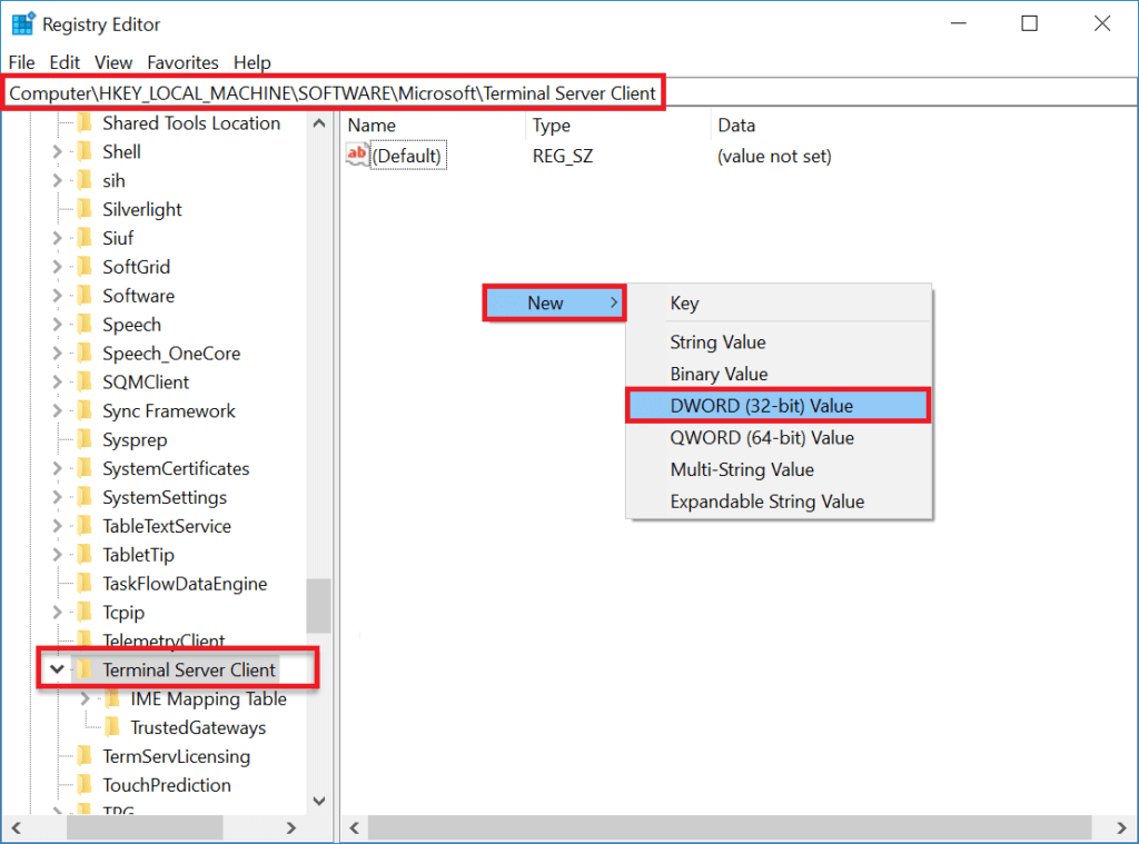 HKEY_CURRENT_USERSoftwareMicrosoftTerminal-Server-Client-1024x759-1 إصلاح عدم اتصال سطح المكتب البعيد في Windows 10