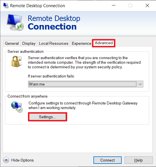 Move-to-the-Advanced-tab-and-click-on-the-Settings…-button-under-Connect-from-anywhere. إصلاح عدم اتصال سطح المكتب البعيد في Windows 10