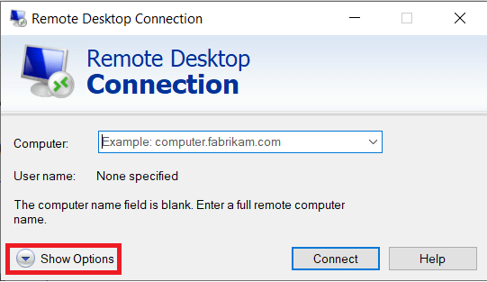 Remote-Desktop-Connection-Window-will-pop-up.-Click-on-Show-Options-at-the-bottom. إصلاح عدم اتصال سطح المكتب البعيد في Windows 10