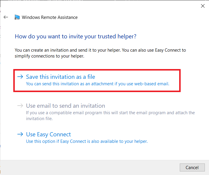 Save-this-invitation-as-a-file إصلاح عدم اتصال سطح المكتب البعيد في Windows 10