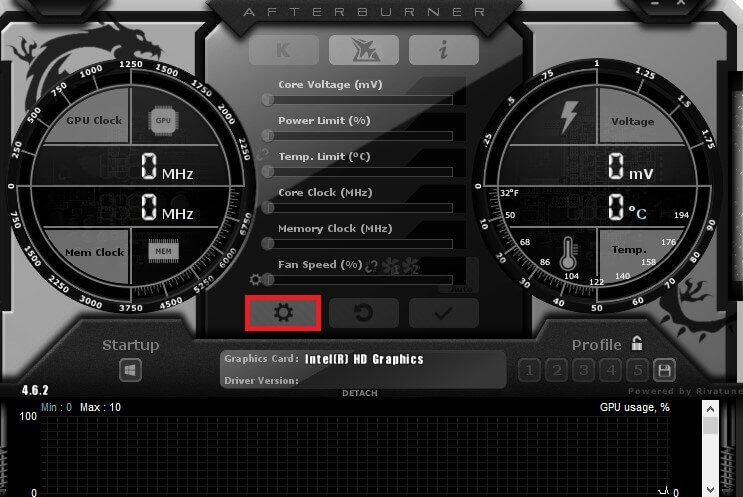 To-access-the-MSI-Afterburner-settings-for-getting-the-hardware-statistics.-Click-on-the-cog-icon. كيفية إظهار درجة حرارة وحدة المعالجة المركزية ووحدة معالجة الرسومات على شريط المهام