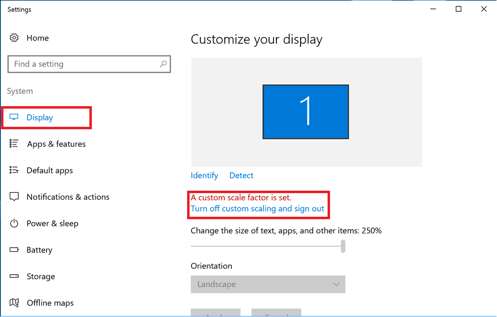 Turn-off-custom-scaling-and-sign-out إصلاح عدم اتصال سطح المكتب البعيد في Windows 10