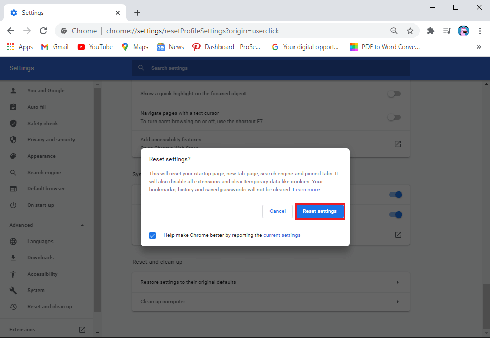 A-confirmation-window-will-pop-up-where-you-have-to-click-on-Reset-settings. كيفية إصلاح مشكلة عدم وجود صوت في Google Chrome