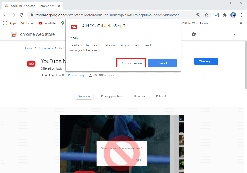 A-window-will-pop-up-where-you-have-to-select-‘Add-extension. كيفية تعطيل "تم إيقاف الفيديو مؤقتًا؟ هل تريد متابعة المشاهدة على YouTube"