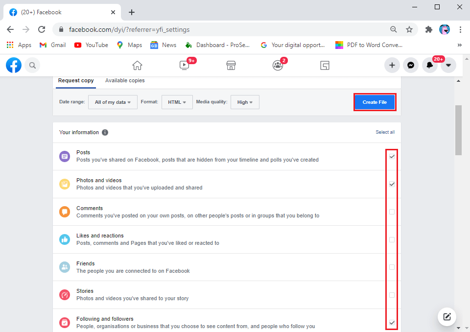 After-selecting-the-options-click-on-create-file.- كيفية استرداد الصور المحذوفة من Facebook Messenger