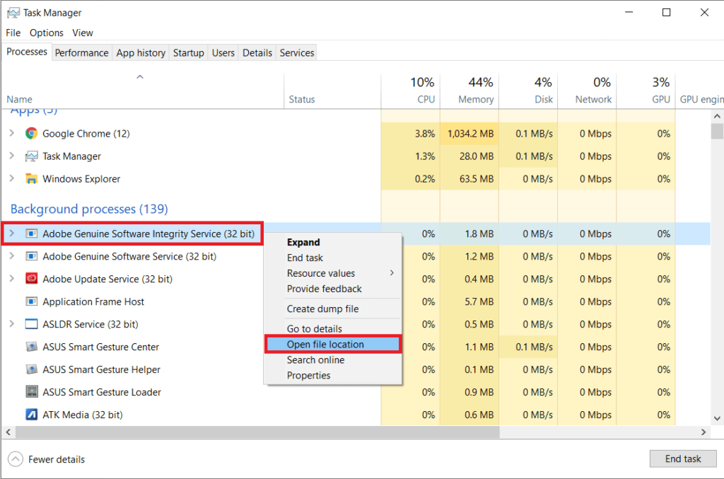 Before-terminating-the-process-right-click-on-it-and-select-Open-File-Location-1024x677-1 إصلاح خطأ برامج Adobe التي تستخدمها غير أصلية