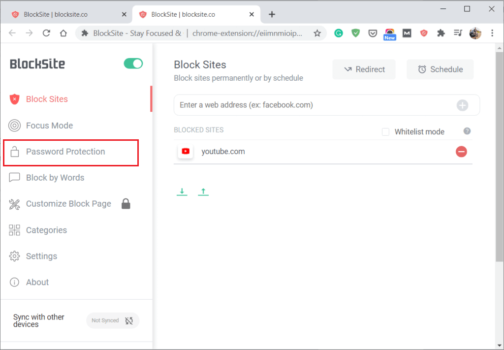 BlockSite-extension-and-click-on-password-protection كيفية حظر موقع ويب وإلغاء حظره على Google Chrome