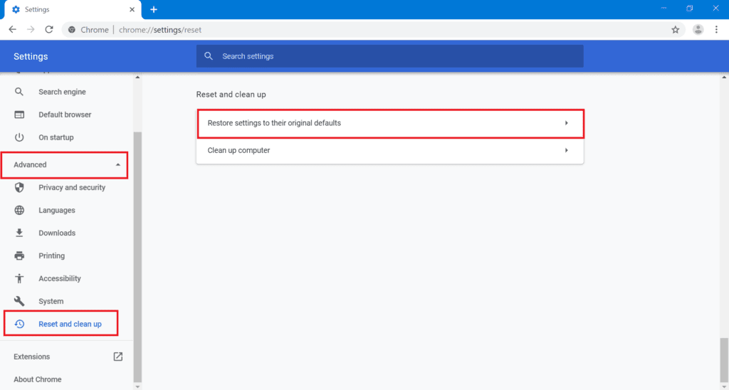 Click-on-the-Advanced-Settings-option-then-Reset-Clean-Up.-1024x548-1 إصلاح عدم اتصال Chrome بالإنترنت
