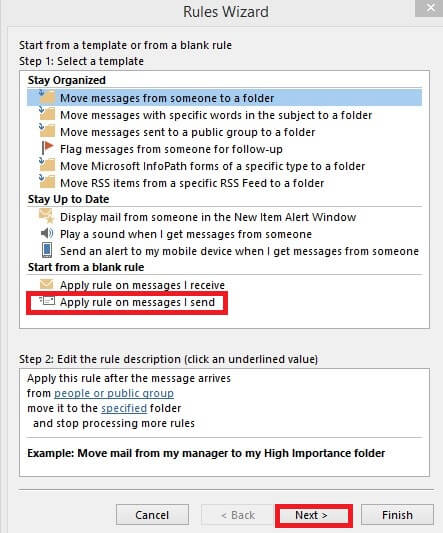Click-on-‘Apply-rule-on-message-I-send-and-click-‘Next. كيفية التراجع عن ارسال بريد إلكتروني في Outlook؟