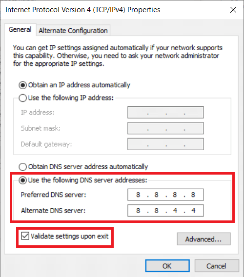Enter-8.8.8.8-as-your-Preferred-DNS-server-and-8.8.4.4-as-the-Alternate-DNS-server إصلاح عدم اتصال Chrome بالإنترنت