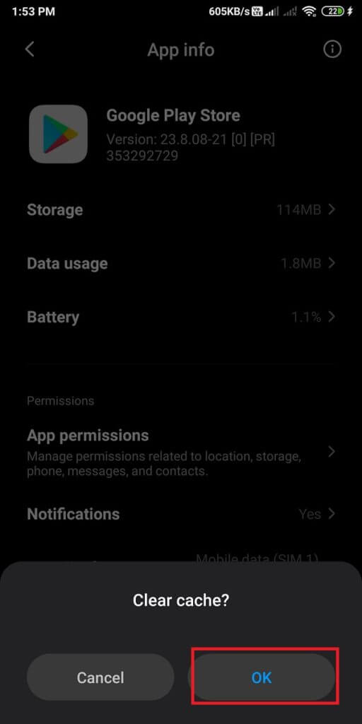 Finally-tap-on-‘Ok-to-clear-the-cache.-512x1024-1 إصلاح تعذر تنزيل التطبيقات على هاتف Android الخاص بك