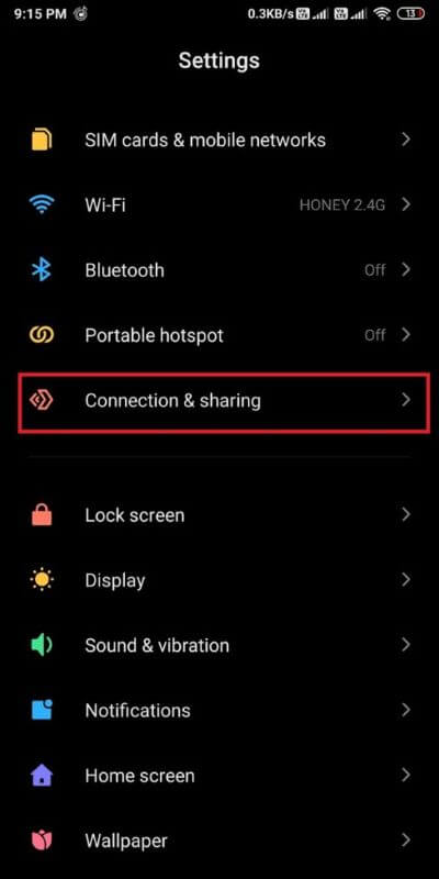 Go-to-the-‘Connection-and-Sharing-tab.-512x1024-1 9 طرق لإصلاح خطأ الرسالة غير المرسلة على Android