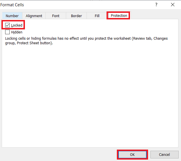 Go-to-the-‘Protection-tab-and-check-the-‘locked-option.-Click-on-OK كيفية قفل أو فتح الخلايا Cells في Excel؟
