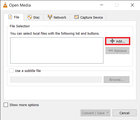 In-the-Open-Media-window-click-on-Add… 3 طرق لإزالة الصوت من الفيديو في نظام التشغيل Windows 10