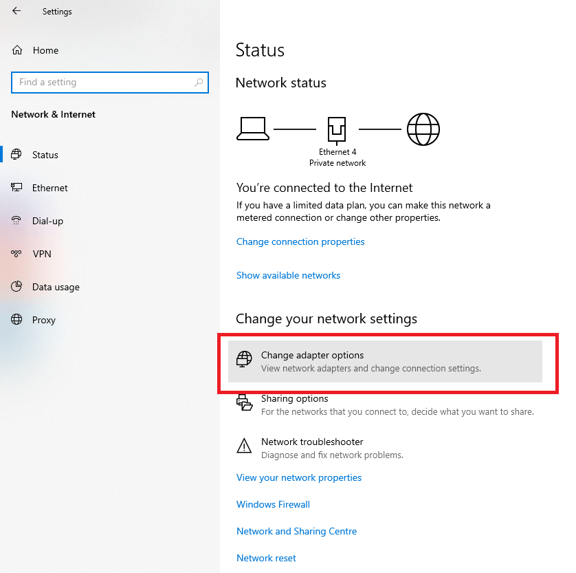 In-the-settings-app-that-opens-click-on-Change-adapter-options-in-the-right-pane.-1 إصلاح عدم اتصال Chrome بالإنترنت