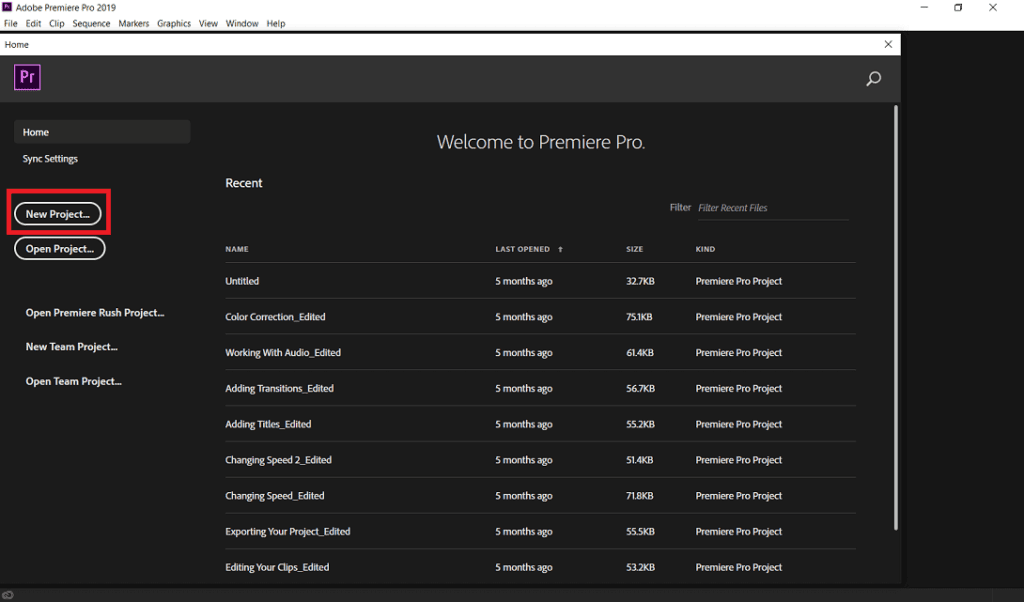 Launch-Adobe-Premiere-Pro-and-click-on-New-Project-1024x602-1 3 طرق لإزالة الصوت من الفيديو في نظام التشغيل Windows 10