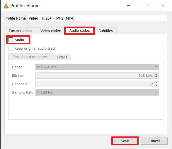 Move-to-the-Audio-codec-tab-now-and-untick-the-box-next-to-Audio.-Click-on-Save. 3 طرق لإزالة الصوت من الفيديو في نظام التشغيل Windows 10