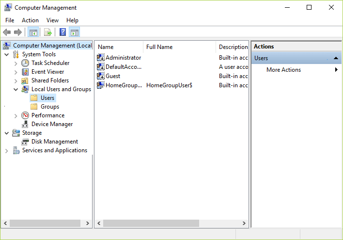 Now-from-the-left-hand-menu-select-Users-under-Local-Users-and-Groups تمكين أو تعطيل حساب المسؤول على شاشة تسجيل الدخول في Windows 10