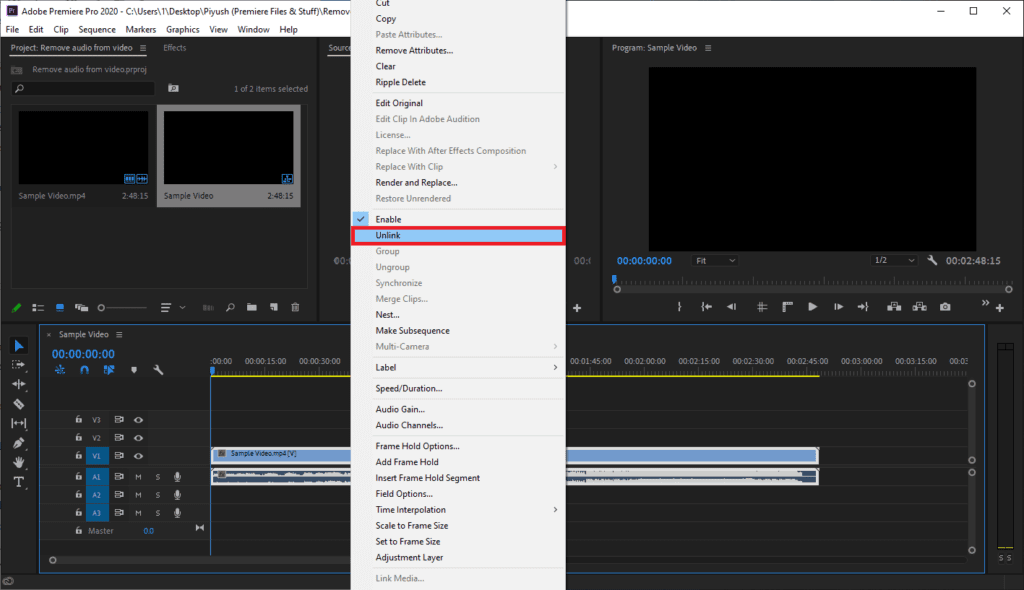 Now-right-click-on-the-video-clip-in-the-timeline-and-select-Unlink-Ctrl-L-1024x590-1 3 طرق لإزالة الصوت من الفيديو في نظام التشغيل Windows 10