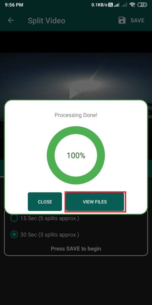 Now-tap-on-view-files-to-check-the-short-clips-that-the-app-has-split-for-you.-512x1024-1 كيفية نشر أو تحميل مقطع فيديو طويل على حالة Whatsapp؟