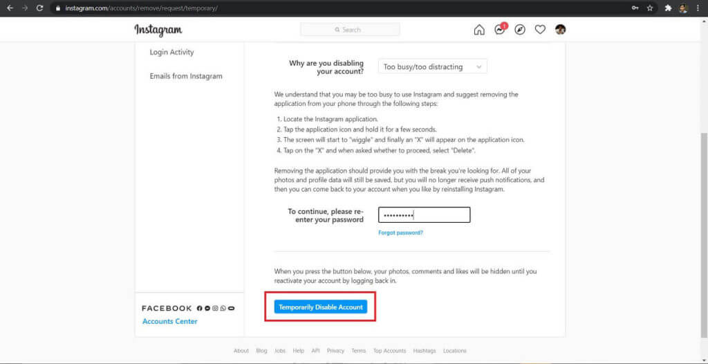 Once-all-the-formalities-are-complete-click-on-‘Temporarily-Disable-Account.-1024x526-1 إصلاح خطأ - عذرا ، كانت هناك مشكلة في طلبك على Instagram