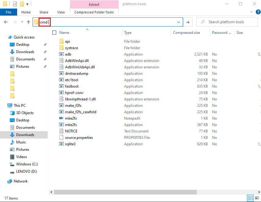 Open-the-platform-tools-folder-on-your-computer-then-in-the-file-path-box-you-have-to-type-cmd.- كيفية تمكين مسجل الشاشة المدمج في Android 10