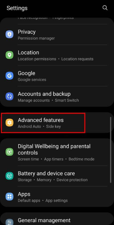 Open-your-Mobile-Settings-and-tap-on-the-Advanced-features-option-from-the-menu.-519x1024-1 كيفية استخدام WhatsApp بدون رقم هاتف