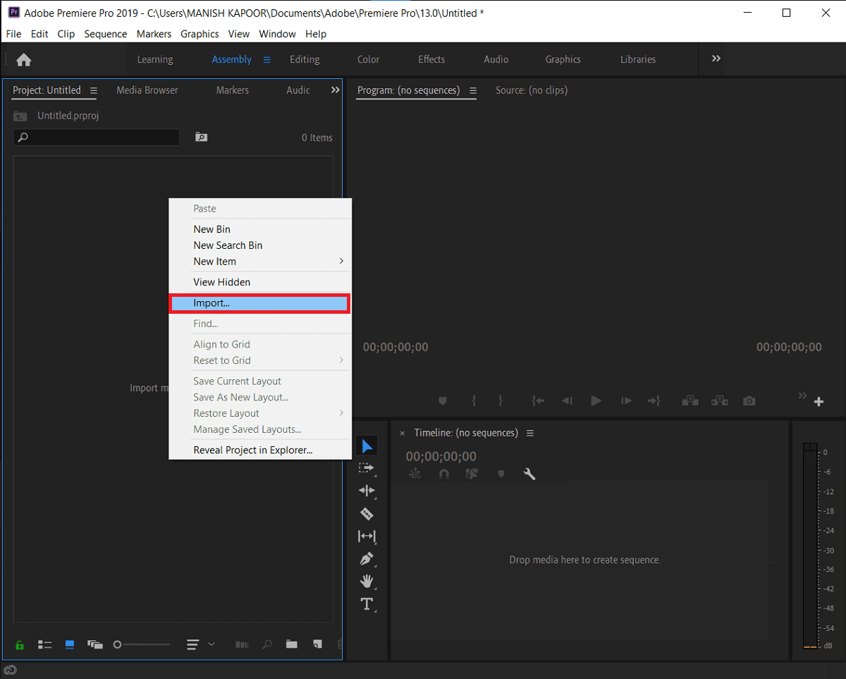 Right-click-on-the-Project-pane-and-select-Import-Ctrl-I. 3 طرق لإزالة الصوت من الفيديو في نظام التشغيل Windows 10