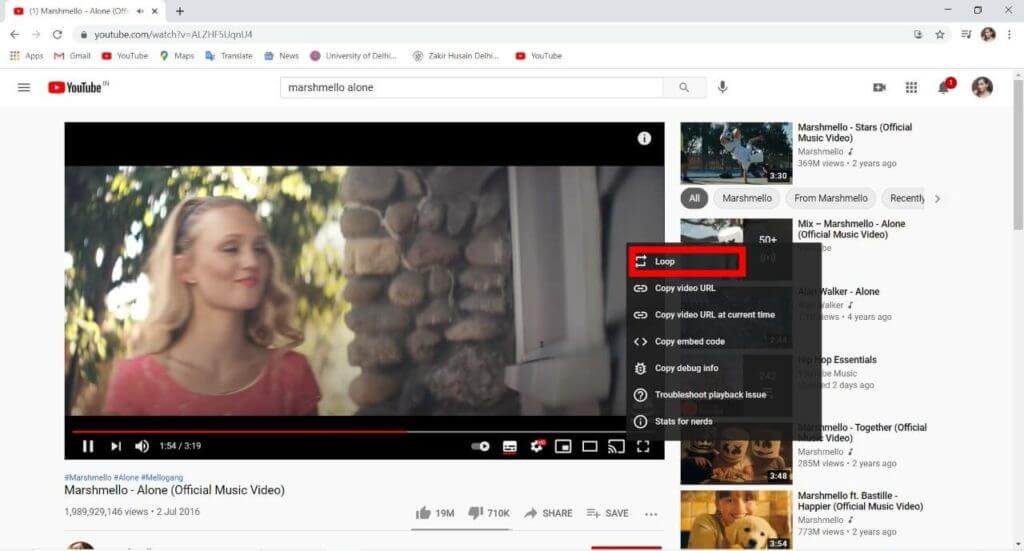 Right-click-on-the-video-and-select-Loop-from-the-available-options-1024x551-1 كيفية وضع فيديو يوتيوب YouTube على التكرار على سطح المكتب أو الهاتف المحمول