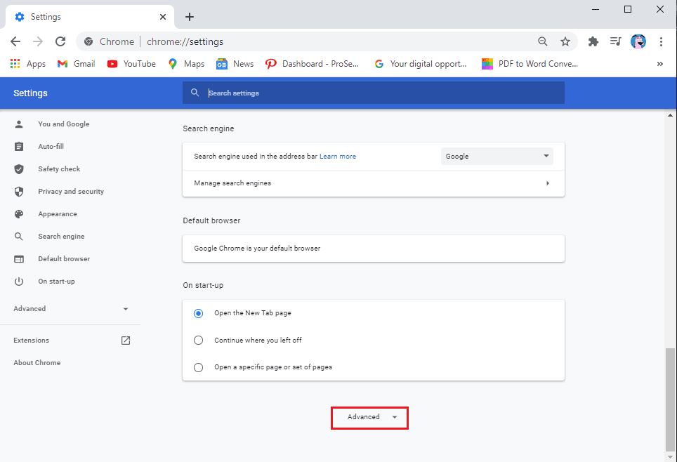 Scroll-down-and-click-on-Advanced. كيفية إصلاح مشكلة عدم وجود صوت في Google Chrome