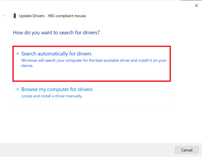 Select-Search-automatically-for-drivers.-Update-Driver-HID-Complaint-Mouse كيفية إصلاح تأخر الماوس على نظام التشغيل Windows 10