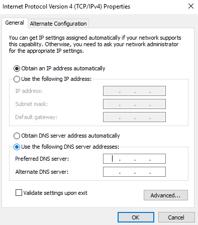 Select-Use-the-following-DNS-server-addresses-enter-the-address-of-DNS-server-and-click-OK إصلاح عدم اتصال Chrome بالإنترنت