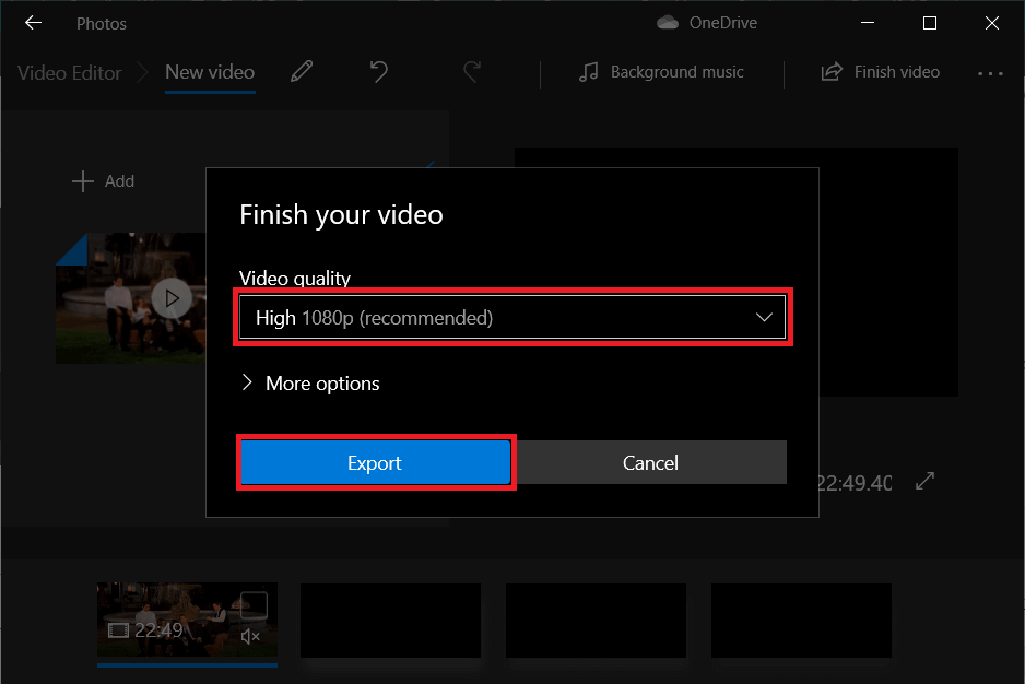 Set-the-desired-video-quality-and-hit-Export. 3 طرق لإزالة الصوت من الفيديو في نظام التشغيل Windows 10