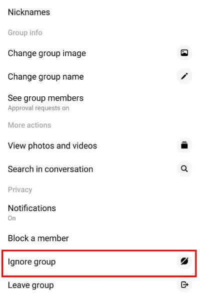 Swipe-up-and-tap-on-the-Ignore-Group-option. كيف تترك محادثة جماعية في Facebook Messenger