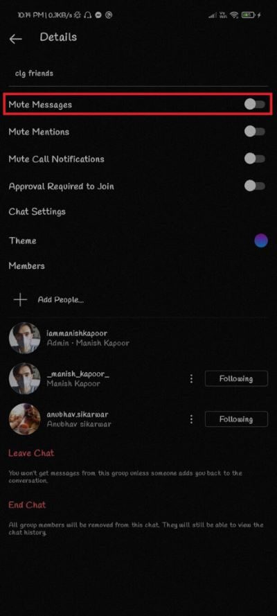 Tap-on-the-switch-adjacent-to-the-Mute-Messages-option-to-turn-it-On.-461x1024-1 كيف تمنع الناس من إضافتك إلى مجموعة Instagram