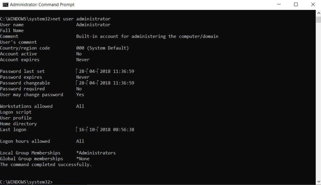 The-status-of-‘Account-active-should-now-be-‘No.-1024x592-1 تمكين أو تعطيل حساب المسؤول على شاشة تسجيل الدخول في Windows 10