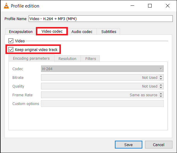 Tick-the-box-next-to-Keep-original-video-track-under-the-Video-codec-tab. 3 طرق لإزالة الصوت من الفيديو في نظام التشغيل Windows 10
