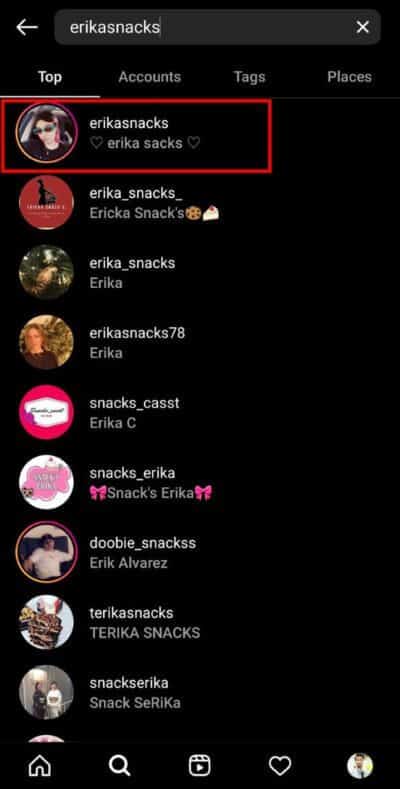Type-erikasnacks-in-the-search-bar-and-open-the-top-Profile-of-erika-sacks.-519x1024-1 كيفية الحصول على فلتر "أين توأم روحك" على Instagram