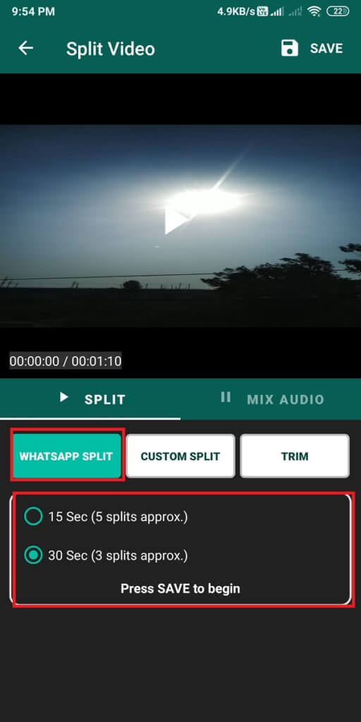 choose-the-30-seconds-to-split-the-video.-512x1024-1 كيفية نشر أو تحميل مقطع فيديو طويل على حالة Whatsapp؟
