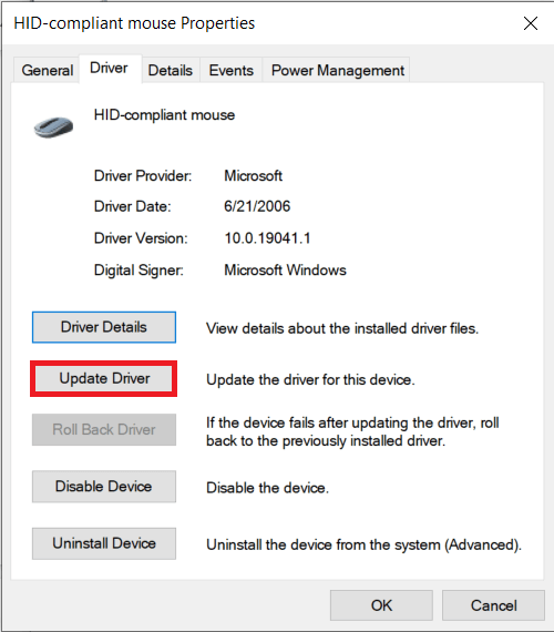 click-on-the-Update-Driver-option. كيفية إصلاح تأخر الماوس على نظام التشغيل Windows 10