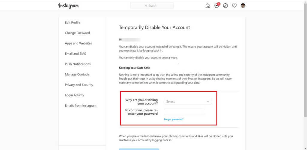enter-the-required-information-including-your-reason-for-deactivation-and-password.-1024x501-1 إصلاح خطأ - عذرا ، كانت هناك مشكلة في طلبك على Instagram