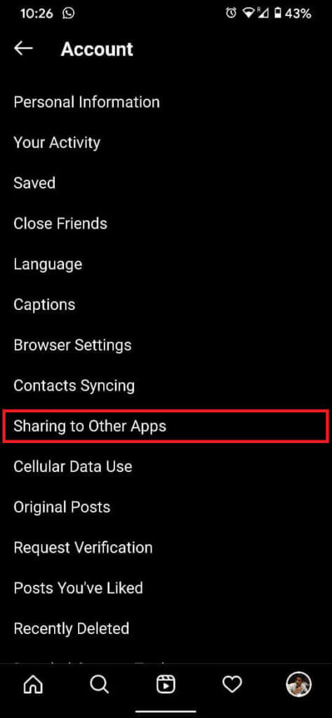 find-and-tap-the-‘Sharing-to-Other-Apps-option.-473x1024-1 إصلاح خطأ - عذرا ، كانت هناك مشكلة في طلبك على Instagram
