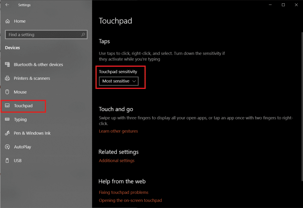 set-the-Touchpad-sensitivity-to-‘Most-sensitive.-1024x704-1 كيفية إصلاح تأخر الماوس على نظام التشغيل Windows 10