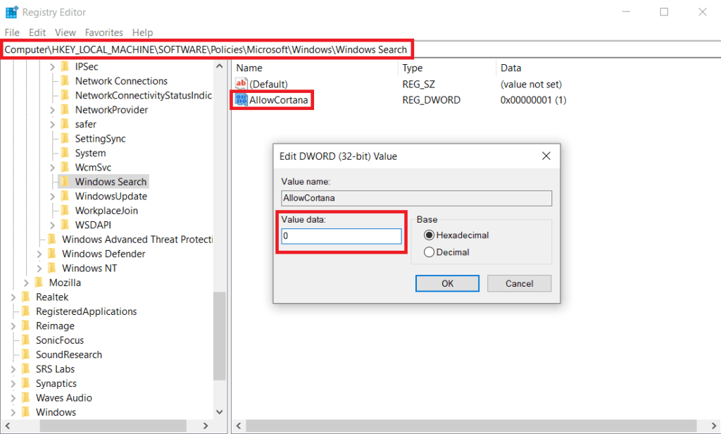 set-the-Value-data-to-0-to-disable-Cortana.-1024x616-1 كيفية إصلاح تأخر الماوس على نظام التشغيل Windows 10