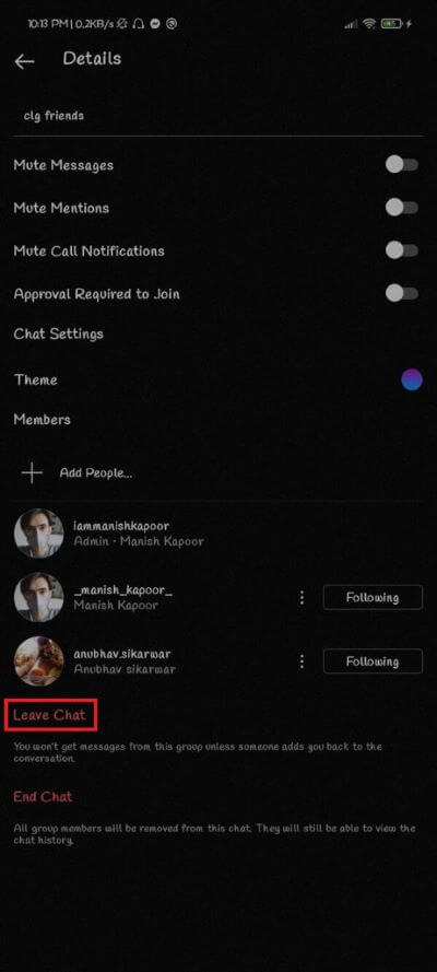tap-on-the-Leave-Chat-option-to-exit-the-group.-461x1024-1 كيف تمنع الناس من إضافتك إلى مجموعة Instagram